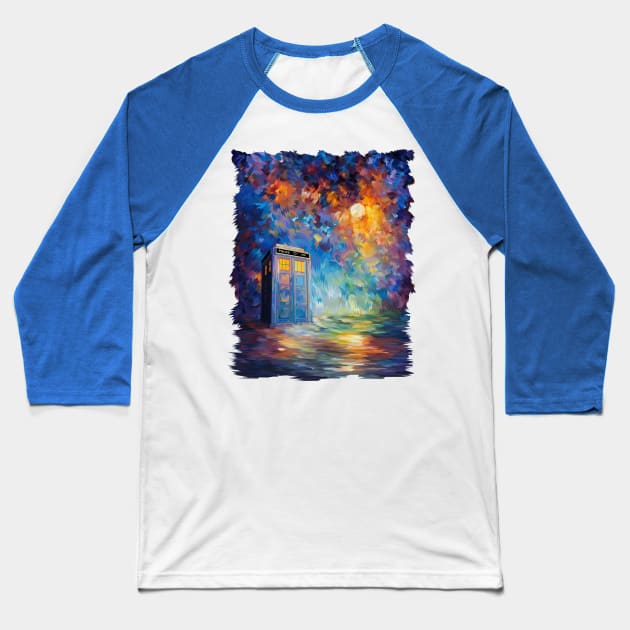 Blue Phone Booth with the moon light rainbow abstract Baseball T-Shirt by Dezigner007